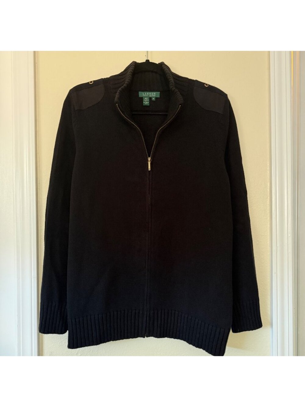 Lauren Ralph Lauren Black Full-Zip Knit Sweater With Shoulder Accents Sz 1X